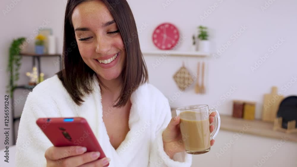 Happy young woman checking her phone while drinking coffee in the morning in her kitchen before going to work Happy young woman checking her phone while drinking coffee in the morning in her kitchen before going to work