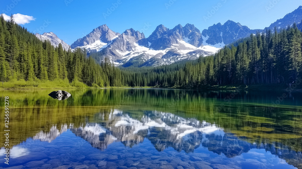 Pristine alpine lake showcases stunning reflections of towering snow-capped peaks and vibrant greenery under a clear blue sky. Perfect backdrop for adventure seekers and nature lovers Pristine alpine lake showcases stunning reflections of towering snow-capped peaks and vibrant greenery under a clear blue sky. Perfect backdrop for adventure seekers and nature lovers