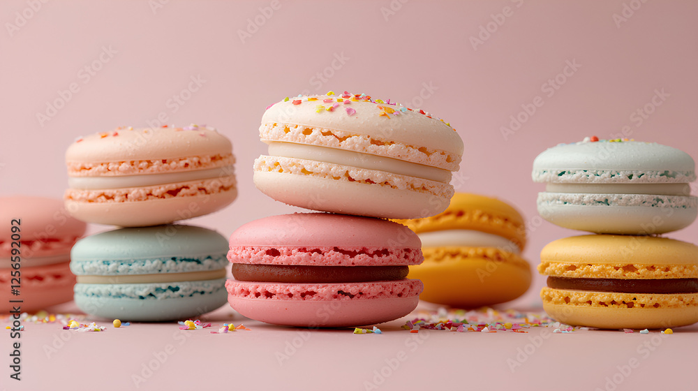 Fototapeta premium A stack of colorful macarons in pastel shades of pink, yellow, and blue on a soft pink background, with scattered sprinkles adding a festive and sweet touch