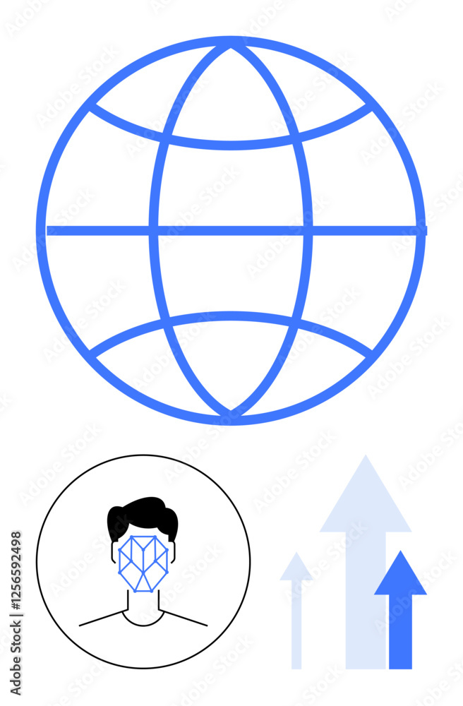 Globe with connected lines, face recognition icon, upward arrows. Ideal for AI, connectivity, facial biometrics, technology progress, global communication, innovation abstract line flat metaphor Globe with connected lines, face recognition icon, upward arrows. Ideal for AI, connectivity, facial biometrics, technology progress, global communication, innovation abstract line flat metaphor
