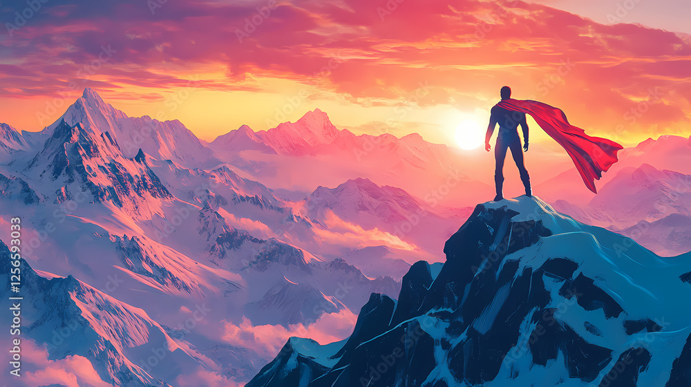 Majestic superhero overlooking snowy mountains at sunrise, epic inspirational artwork. Solar Flare Warriors. Illustration