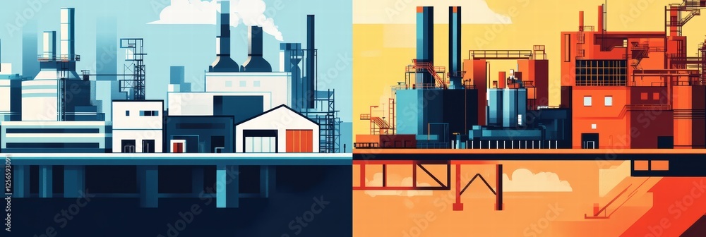 Graphic layouts for industrial advertising highlighting contrasting manufacturing environments Graphic layouts for industrial advertising highlighting contrasting manufacturing environments
