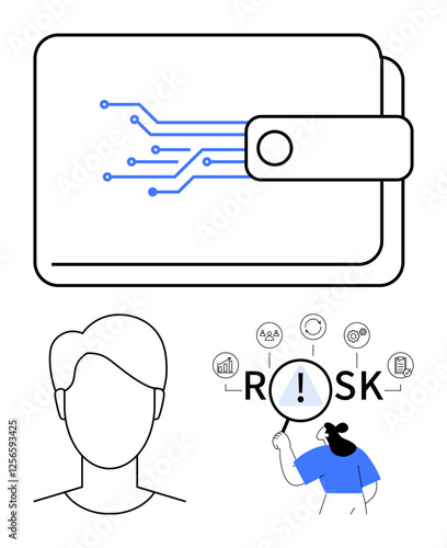 Digital wallet with circuit design, user profile outline, and person analyzing risks with magnifying glass. Ideal for fintech, cybersecurity, user identity, analysis, innovation, digital