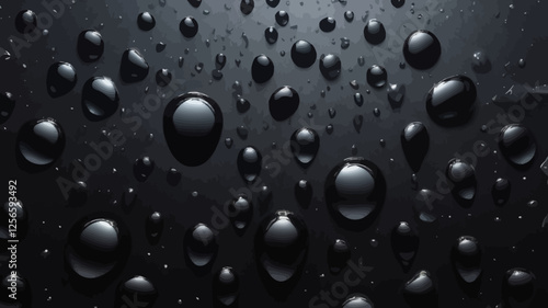 Drops of Darkness: Elegant droplets of water elegantly scattered across a stark black surface, reflecting ambient light and creating a captivating display of texture, and form.