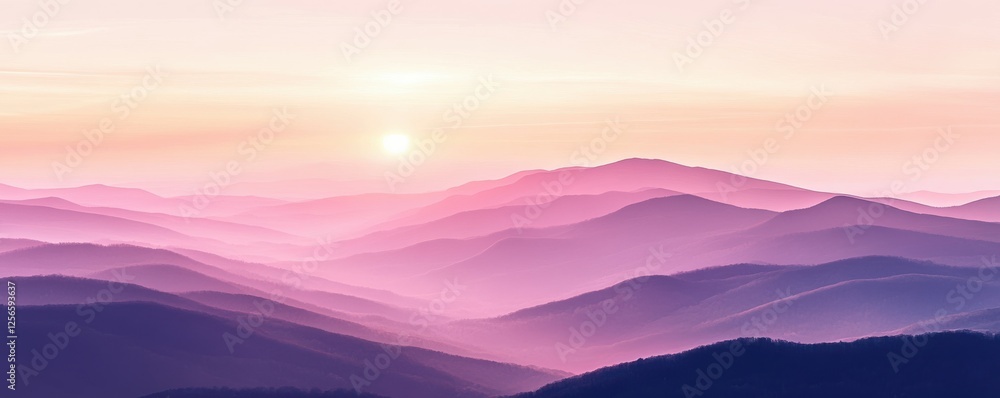 Serene sunset over lavender-hued mountain range with misty sky Serene sunset over lavender-hued mountain range with misty sky