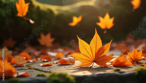 Autumnal Symphony: Vibrant orange maple leaves swirl and flutter in a breathtaking display of nature's seasonal transformation. The gentle sunlight bathes the scene in a warm glow.