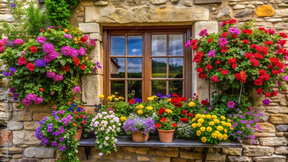 Stone House Window with Colorful Flowers Stone House Window with Colorful Flowers
