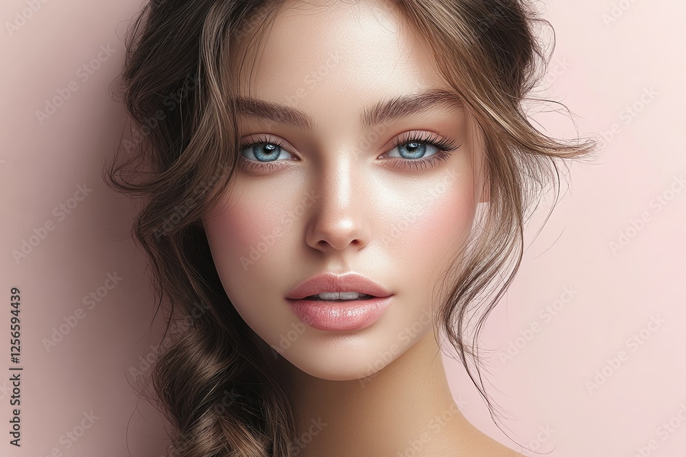 Naklejka premium Beautiful woman with clear skin and captivating blue eyes on a soft pink background