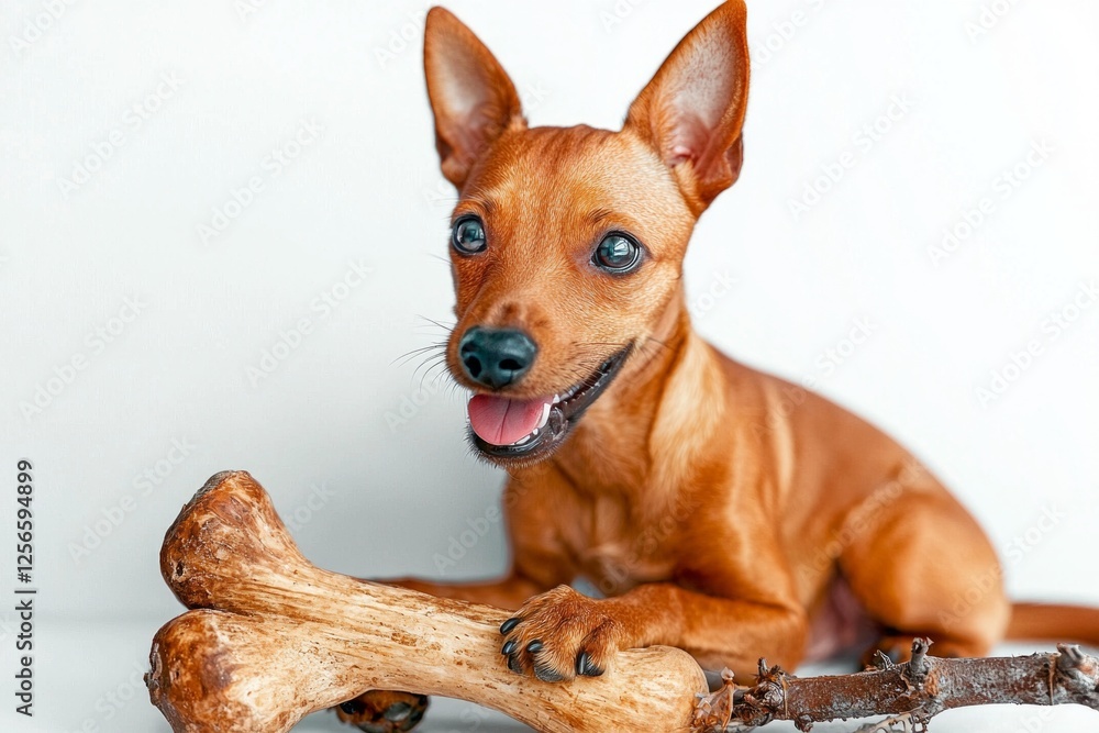 playful Toy Fox Terrier is happily chewing on bone. Its expressive eyes and wagging tail highlight joy of moment in bright clean setting. playful Toy Fox Terrier is happily chewing on bone. Its expressive eyes and wagging tail highlight joy of moment in bright clean setting.