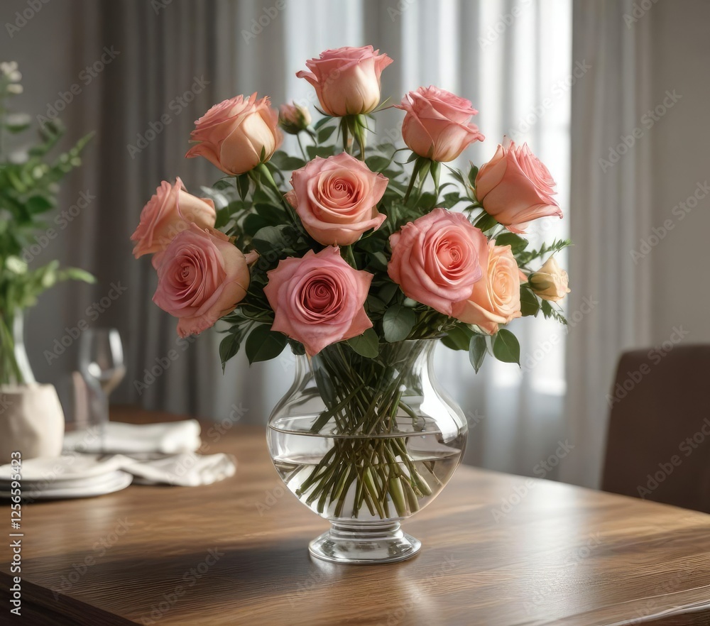 Obraz premium Elegant roses arranged in a glass vase on a dining table, roses, romantic evening , floral art