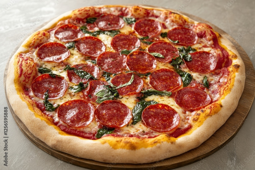 Delicious pepperoni pizza topped with basil on a gray table bird s eye view Room for text Delicious pepperoni pizza topped with basil on a gray table bird s eye view Room for text