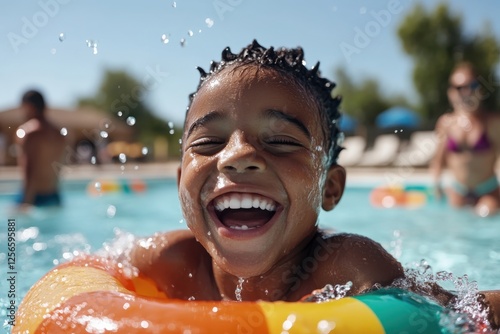 A cheerful young boy with curly hair smiles broadly while floating in a colorful ring in a sunny swimming pool, embodying joy and carefree summer fun. photo