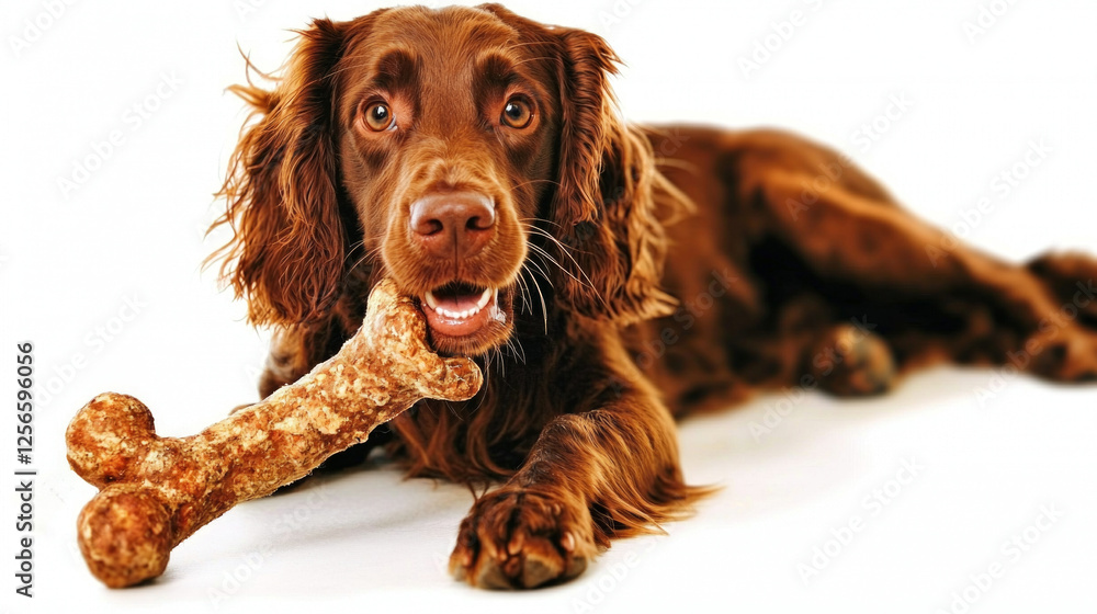 English Springer Spaniel rich brown coat is happily chewing on bone while lying comfortably on spotless white surface. playful moment captures dog's joy and curiosity. English Springer Spaniel rich brown coat is happily chewing on bone while lying comfortably on spotless white surface. playful moment captures dog's joy and curiosity.