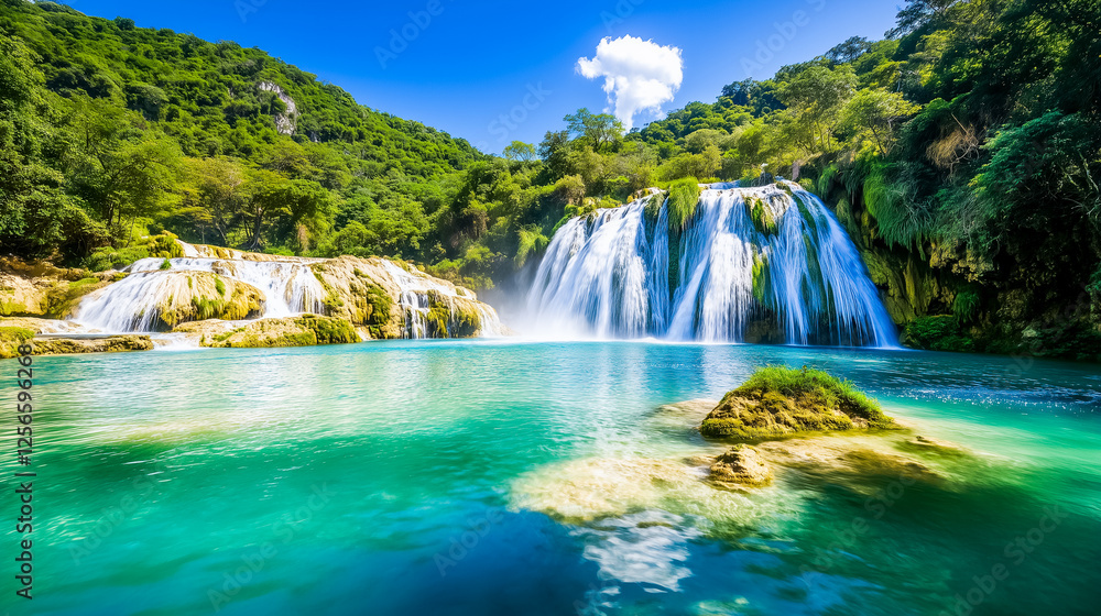 Fototapeta premium Water gushes down the rocks, creating a stunning waterfall that flows into a calm turquoise pool. The vibrant rainforest envelops the area, adding beauty to this natural setting