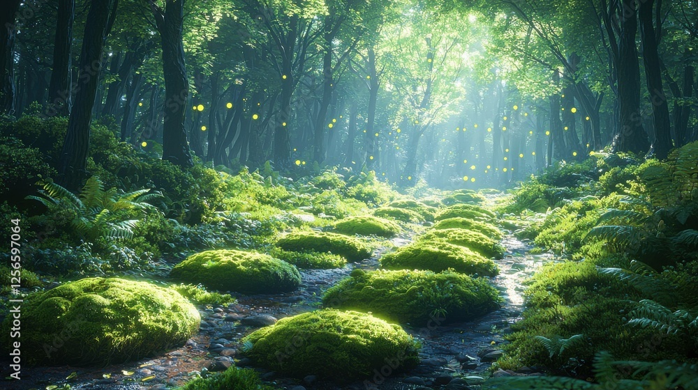 Enchanted Forest Path with Glowing Insects Enchanted Forest Path with Glowing Insects