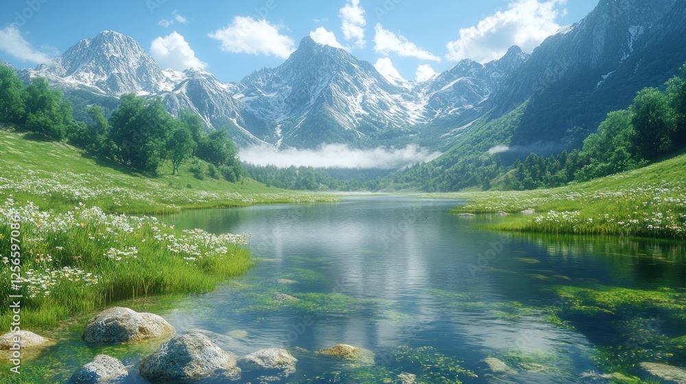 Fototapeta premium Serene mountain landscape with a clear lake reflecting the sky, surrounded by lush greenery and flowers