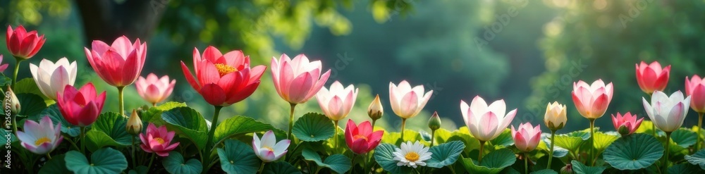 Delicate pink and white heart-shaped blooms rising from a lush floral wave amidst lush foliage, soft pastels, Delicate pink and white heart-shaped blooms rising from a lush floral wave amidst lush foliage, soft pastels,