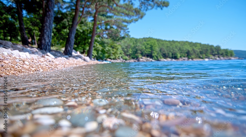 Fototapeta premium Calm lake, pebble beach, trees, summer. Vacation postcard