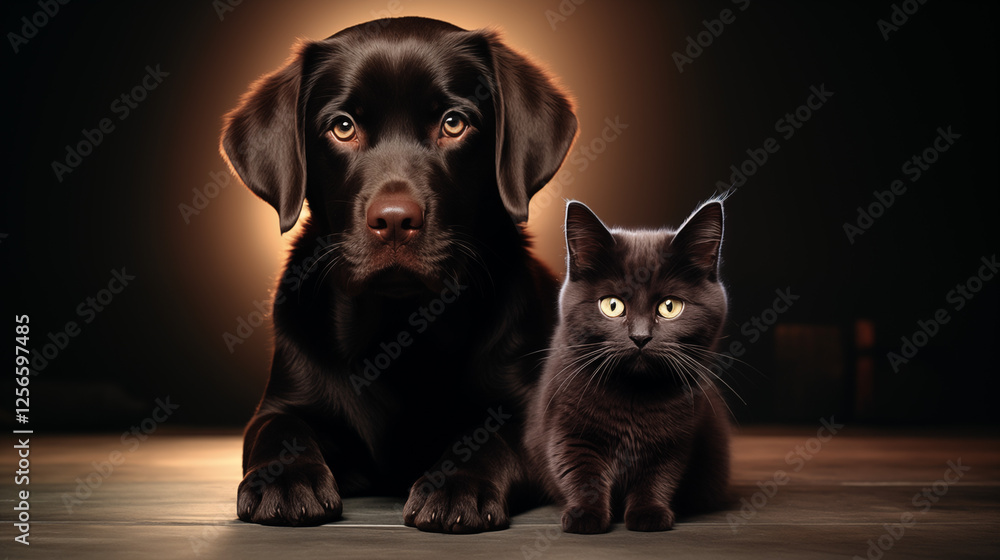 Fototapeta premium Photo d'un chat et d'un chien de couleur sombres sur un fond sombre avec lueur de lumière derrière. Silhouette. Animal, animaux domestiques, de compagnie. Pour conception et création graphique.