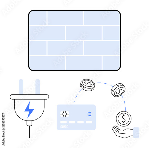 Plug with blue lightning icon connecting to credit card, transferring money coins to hand with brick wall background. Ideal for fintech, utilities, e-commerce, payment solutions, energy industry