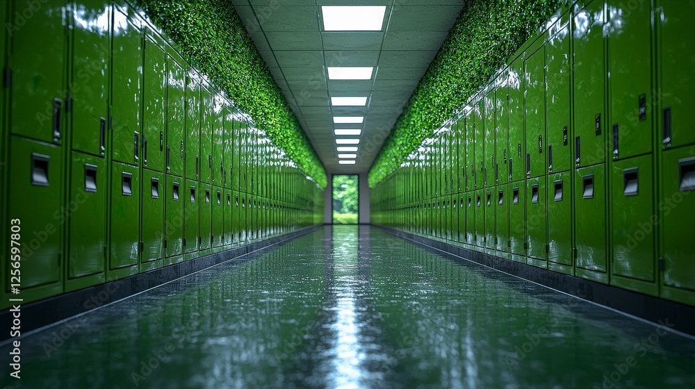 Fototapeta premium A lush green school hallway adorned with natural elements, featuring lockers, light streaming in, creating an organic, inviting space that encourages learning and growth.