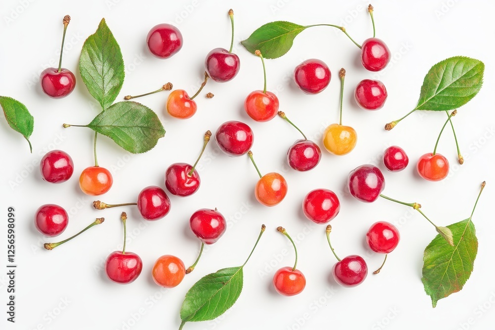 Fresh cherries with leaves on white background Sweet ripe stacked berries Vegan healthy Fresh cherries with leaves on white background Sweet ripe stacked berries Vegan healthy