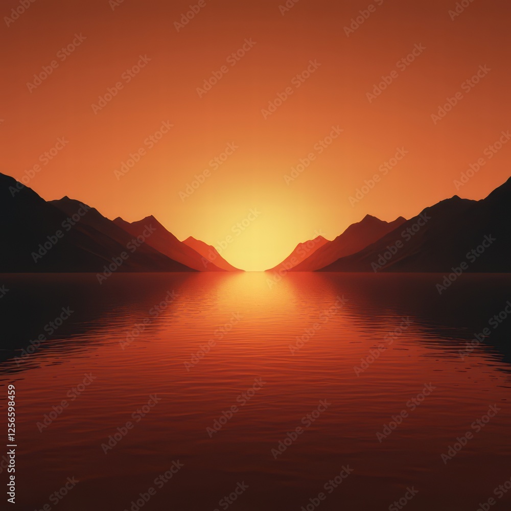 Fototapeta premium A serene sunset casts warm hues over tranquil waters, with silhouettes of mountains framing the horizon.