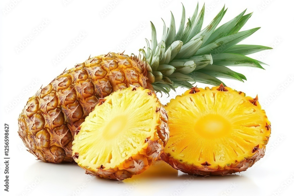 Fresh pineapple and sliced pieces separated on a white background includes clipping path Fresh pineapple and sliced pieces separated on a white background includes clipping path