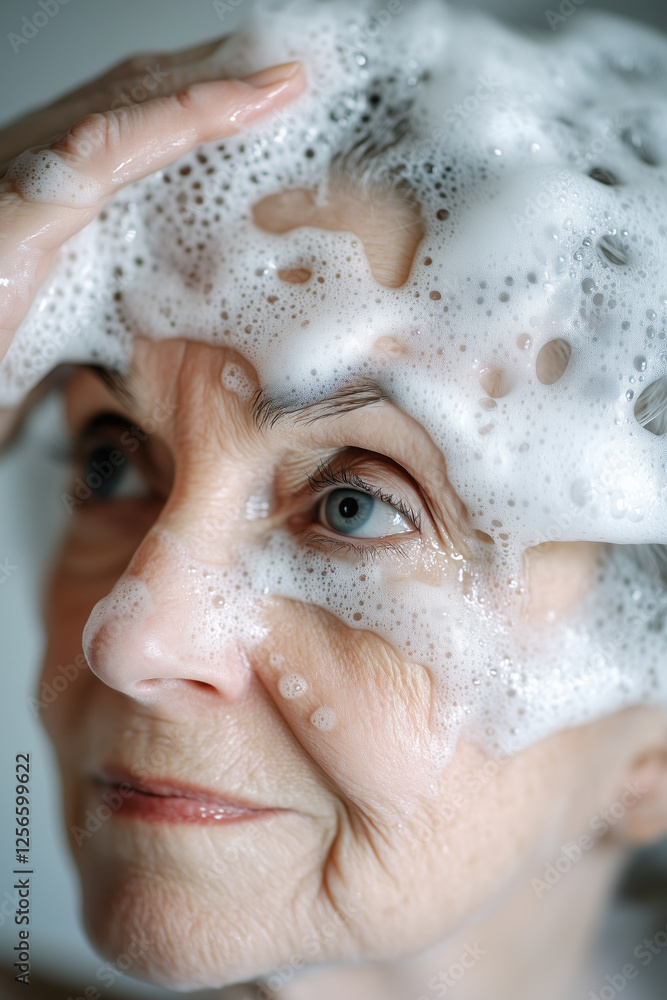 Naklejka premium Senior woman is washing her hair with shampoo and conditioner at boothroom at home. Vertical banner
