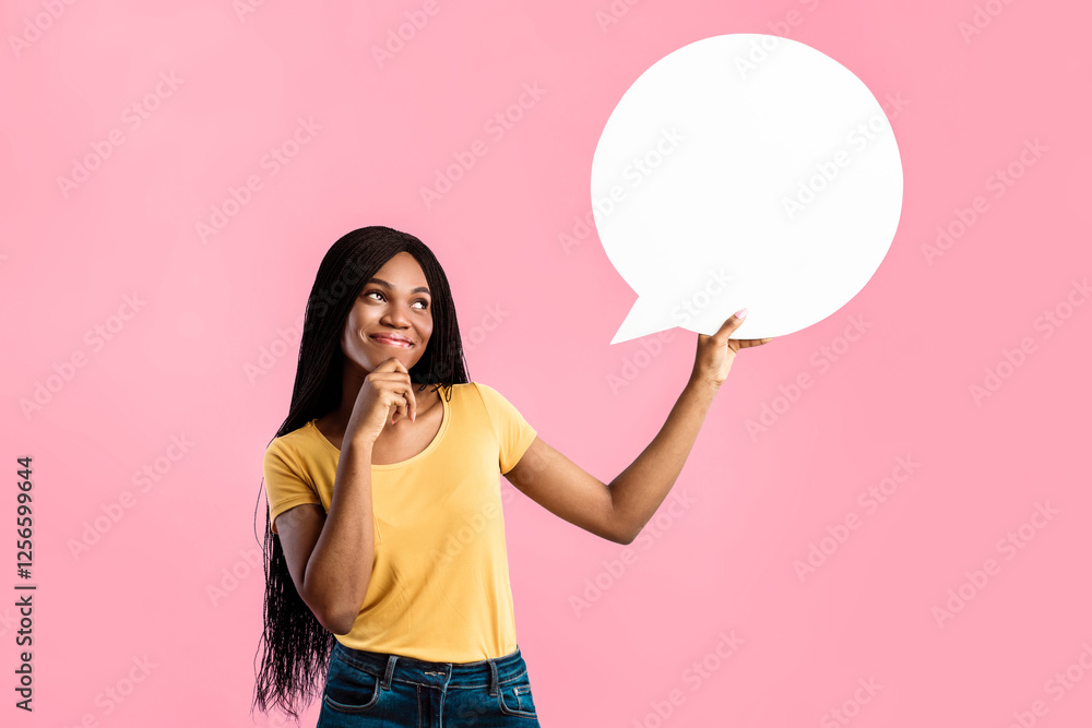 Cheerful Black Lady Holding White Speech Bubble Above Head And Thinking Touching Chin Posing Over Blue Studio Background, Looking Aside. Customer's Thoughts, Comment And Feedback Concept. Mockup Cheerful Black Lady Holding White Speech Bubble Above Head And Thinking Touching Chin Posing Over Blue Studio Background, Looking Aside. Customer's Thoughts, Comment And Feedback Concept. Mockup