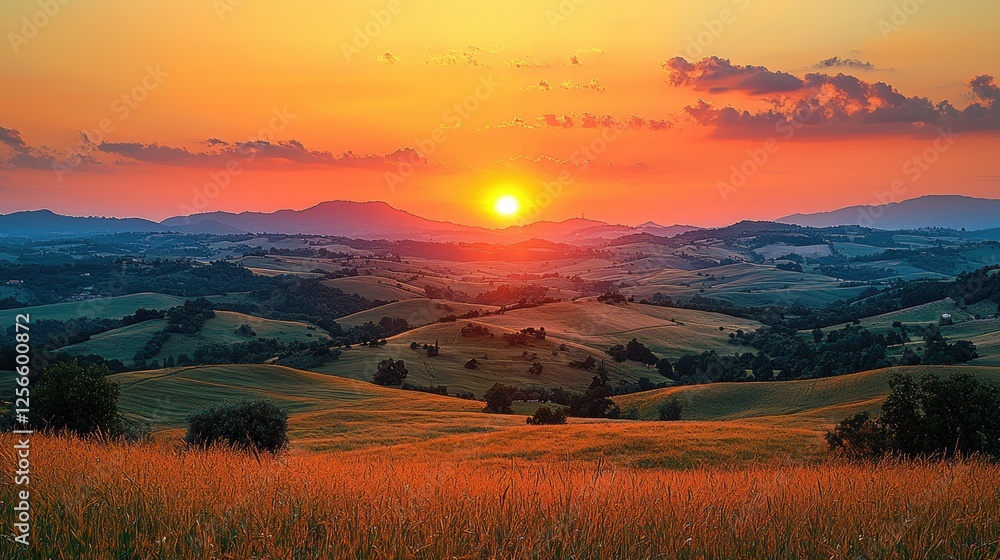 A vibrant sunset over rolling hills and fields, showcasing natural beauty. A vibrant sunset over rolling hills and fields, showcasing natural beauty.