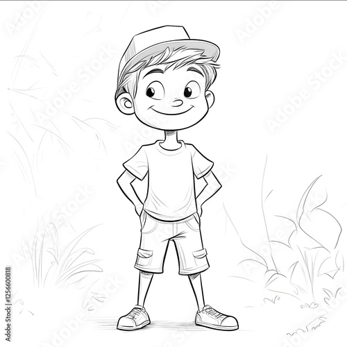 A line drawing of a cheerful boy named Leo designed for a childrens coloring book for 5yearolds in a Disneyinspired style Leo is wearing a cardboard hat standi photo