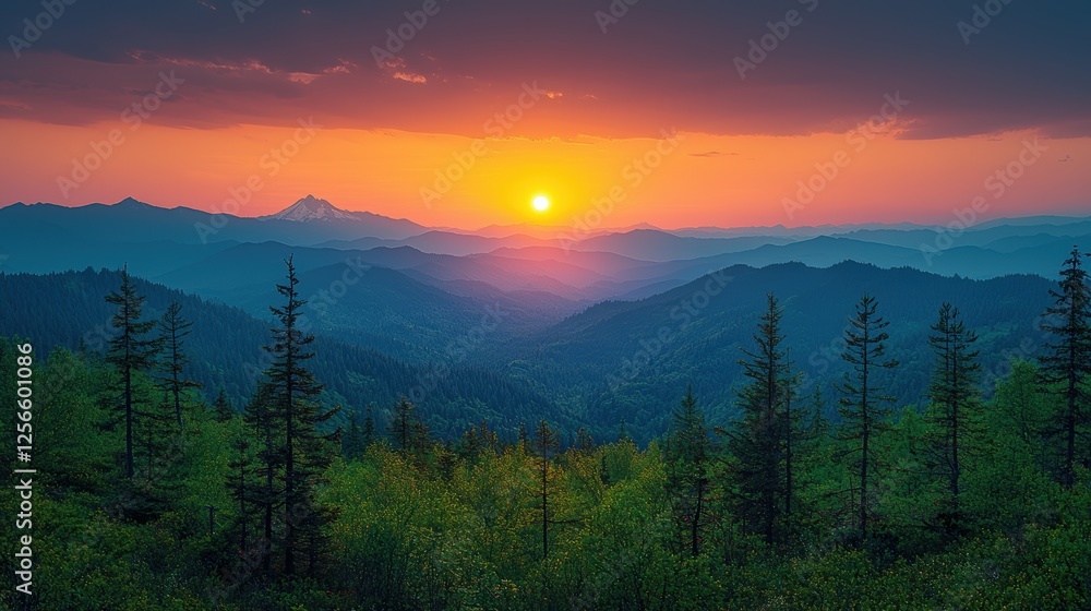 Fototapeta premium A stunning sunset over rolling mountains, showcasing nature's beauty.