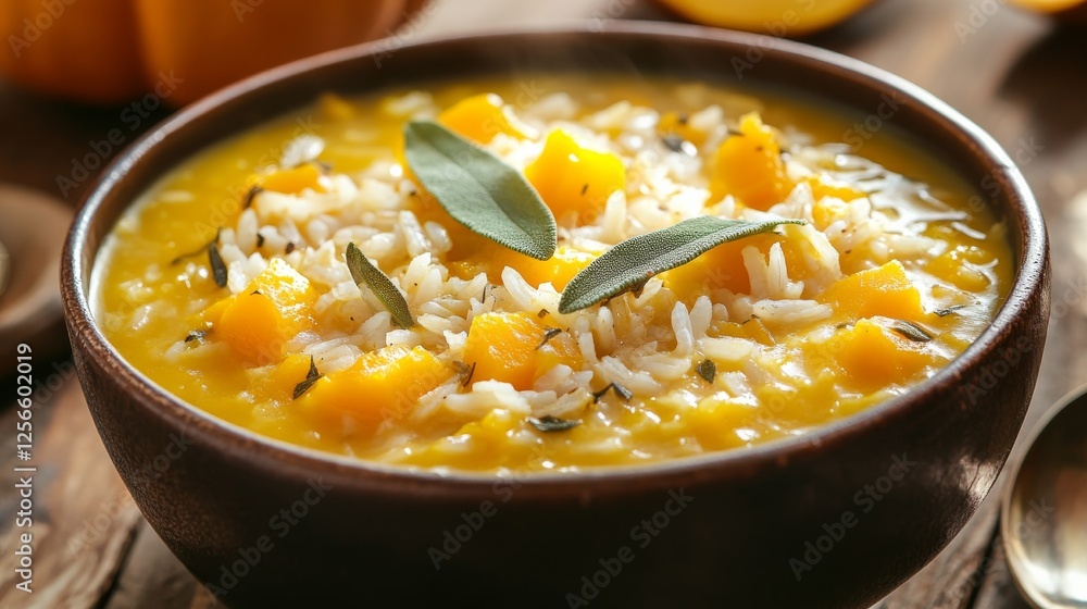 Image of rice and creamy butternut squash soup with sage in a bowl, emphasizing creamy and slightly sweet nature. Ideal for fall meals and vegetarian options. Image of rice and creamy butternut squash soup with sage in a bowl, emphasizing creamy and slightly sweet nature. Ideal for fall meals and vegetarian options.