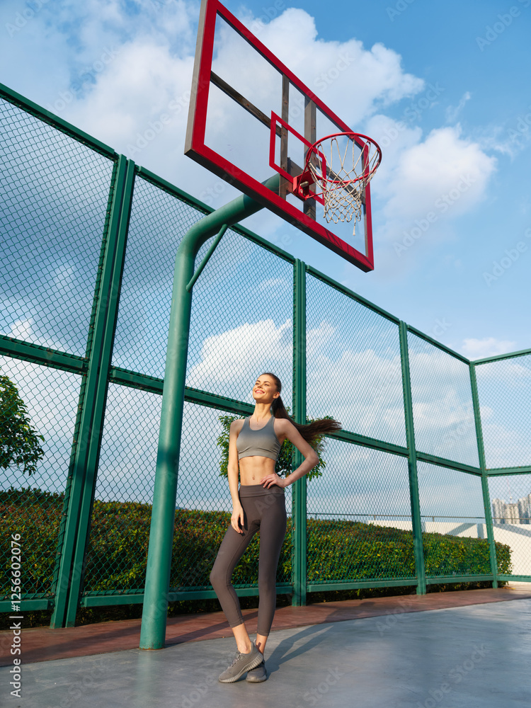 Fototapeta premium Woman posing confidently on a basketball court with a hoop in the background, showcasing athleticism and style against a clear blue sky