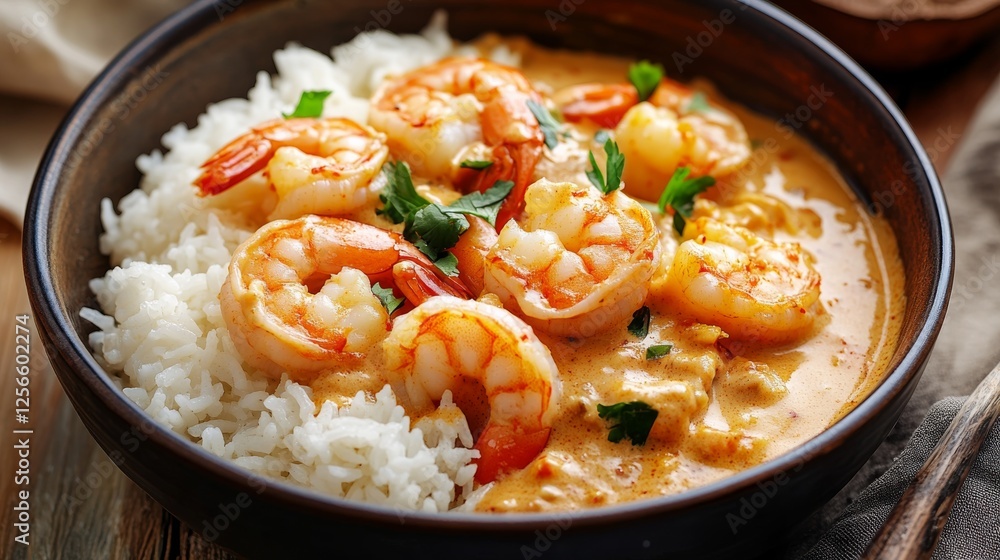 Image of rice and creamy coconut curry with shrimp in a deep bowl, emphasizing creamy and exotic flavors. Ideal for Thai cuisine and seafood lovers. Image of rice and creamy coconut curry with shrimp in a deep bowl, emphasizing creamy and exotic flavors. Ideal for Thai cuisine and seafood lovers.