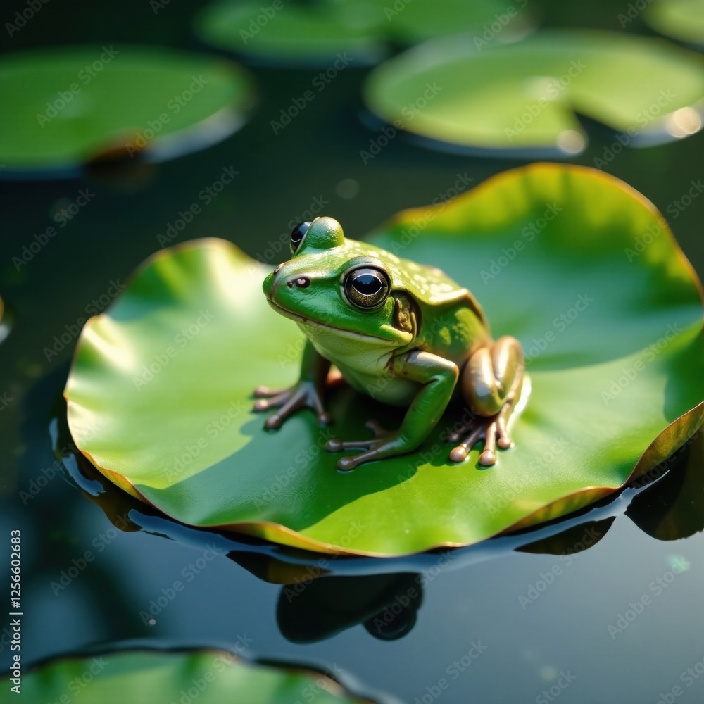 Frog sitting on a large lily pad in the middle of a pond, lily pad, water, pond Frog sitting on a large lily pad in the middle of a pond, lily pad, water, pond