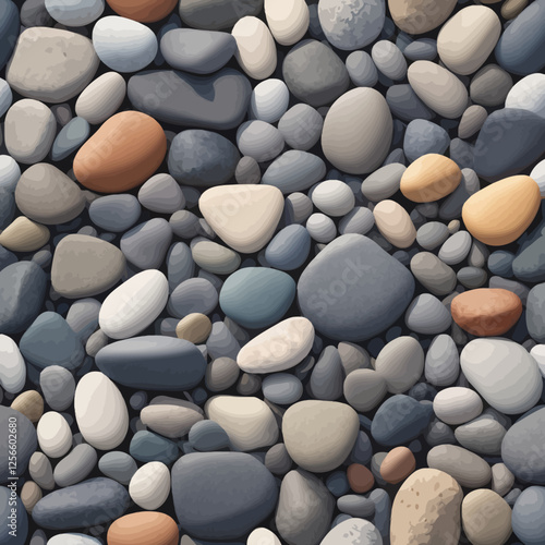 Sea-Smooth Pebbles: An intricate tapestry of diverse and colorful smooth stones, each reflecting the light in unique ways, evokes a sense of tranquility and natural beauty. 