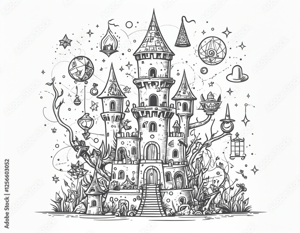 Whimsical Fantasy Castle Surrounded by Magical Ornaments and Star Decorations Whimsical Fantasy Castle Surrounded by Magical Ornaments and Star Decorations