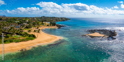 Fotografie Aerial view of a Kauai beach in Hawaii featuring golden sand, turquoise waters, lush greenery, scattered palm trees, and a rocky outcrop under a blue sky