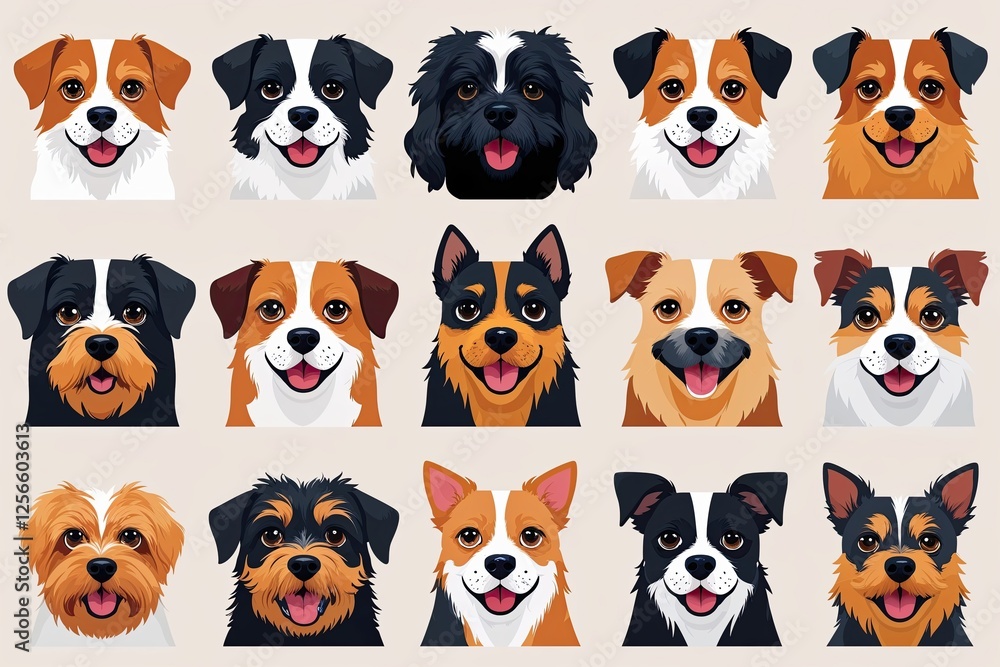 Obraz premium Cheerful Dog Face Icon Set in Whimsical Flat Style Featuring Fun Mixed Breeds