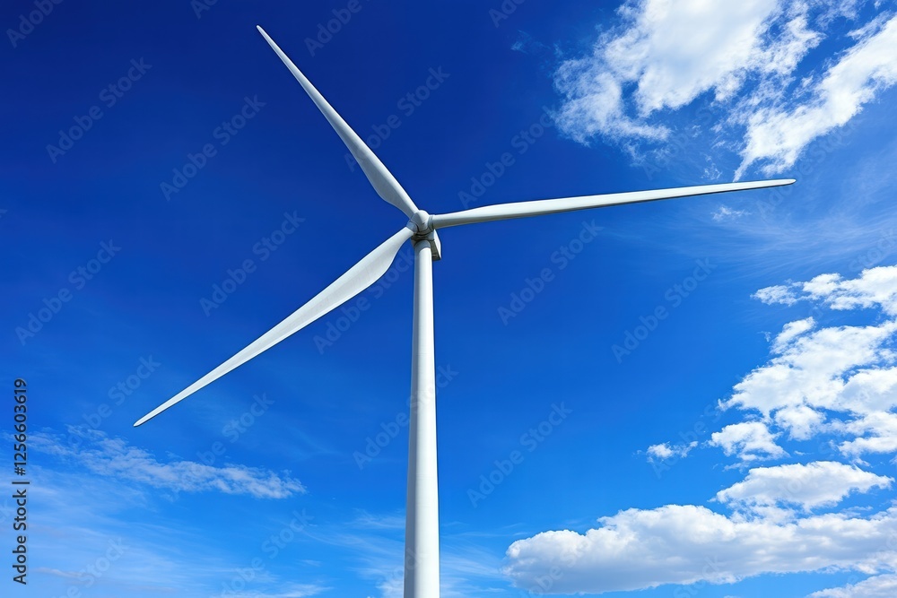 Wind turbines spin beneath a bright blue sky with fluffy clouds in the background Wind turbines spin beneath a bright blue sky with fluffy clouds in the background