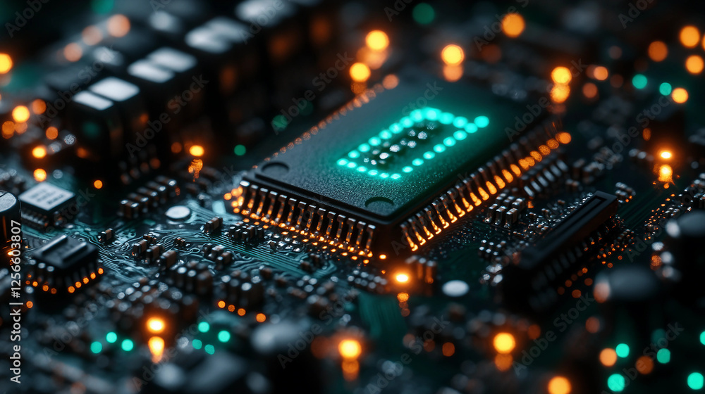 A macro photograph of a computer motherboard, showcasing intricate circuits, metallic textures, microchips, and vivid LED lights in green and blue, creating a high-tech feel. A macro photograph of a computer motherboard, showcasing intricate circuits, metallic textures, microchips, and vivid LED lights in green and blue, creating a high-tech feel.