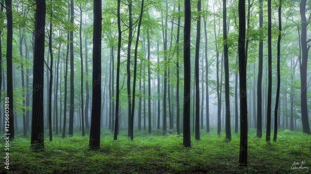 Misty Forest With Tall Trees Misty Forest With Tall Trees