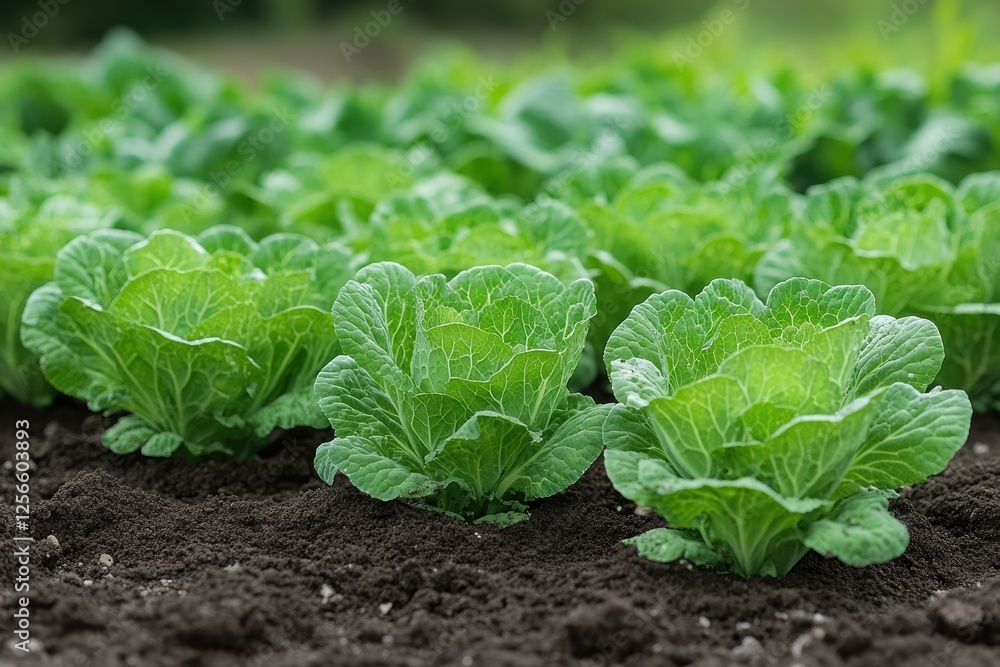 Young cabbage plants thriving in well-lit garden beds in early spring Young cabbage plants thriving in well-lit garden beds in early spring