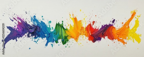 Vibrant abstract rainbow paint splashes on canvas in colorful spectrum photo