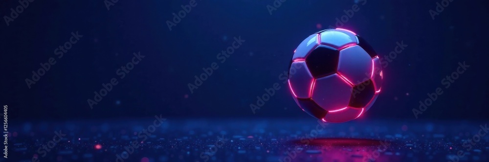 Naklejka premium Glowing neon soccer ball suspended in mid-air over a dark blue background, glow, neon