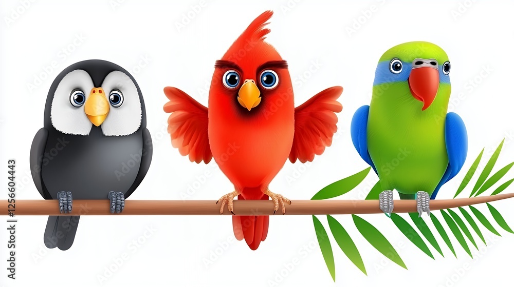 Three Cartoon Birds Perched on Branch White Background Three Cartoon Birds Perched on Branch White Background