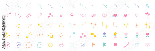 かわいいアイコンセットのベクターイラスト。飾り、ハート、シンプル、星、集中線