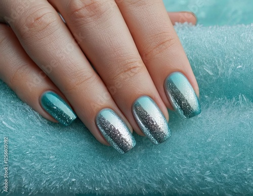 Elegant turquoise ombre nails with shimmering silver accents on a soft, textured background. photo